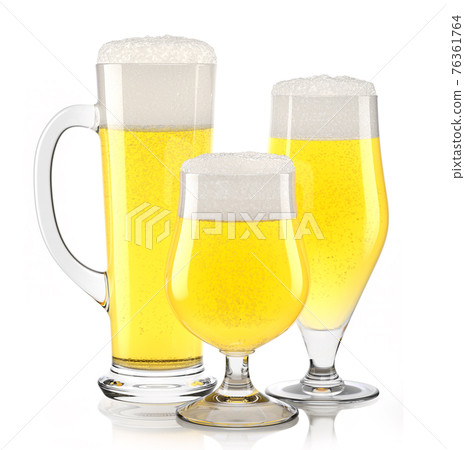 Set of fresh light beer glasses with bubble froth isolated on white background. Set of fresh light beer glasses with bubble froth isolated on white background. 76361764