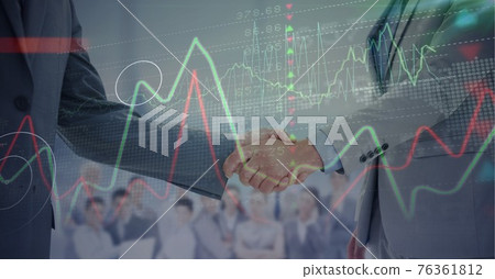 Composition of businessmen shaking hands with financial data processing 76361812