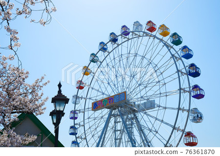 A new Ferris wheel and cherry blossoms in full bloom during a test run of Arakawa Amusement Park A new Ferris wheel and cherry blossoms in full bloom during a test run of Arakawa Amusement Park 76361870