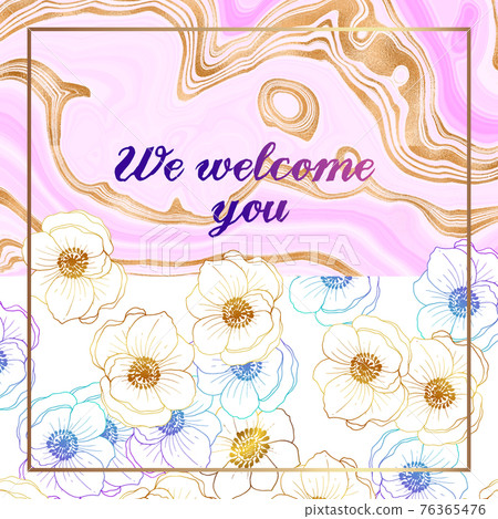 Invitation gold. With floral decoration. Marble pink background. Original design for print and web pages. Invitation gold. With floral decoration. Marble pink background. Original design for print and web pages. 76365476