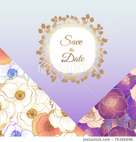 Gold invitation. With bright floral decor. Delicate gradient background. Envelope shape. Original design for print and web pages. 76366896