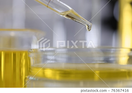 Yellow liquid dripping from pipette into petri dish closeup Yellow liquid dripping from pipette into petri dish closeup 76367416