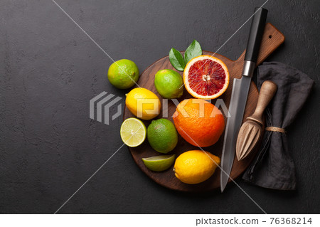 Various fresh citrus fruits. Bood orange, lime, lemon Various fresh citrus fruits. Bood orange, lime, lemon 76368214