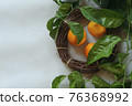 Clementines tangerines, twig with green leaves as spring decor and handmade  wreath from twig on gray paper background. 76368992