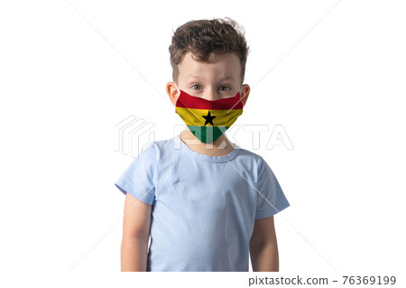 Respirator with flag of Ghana. White boy puts on medical face mask isolated on white background Respirator with flag of Ghana. White boy puts on medical face mask isolated on white background 76369199