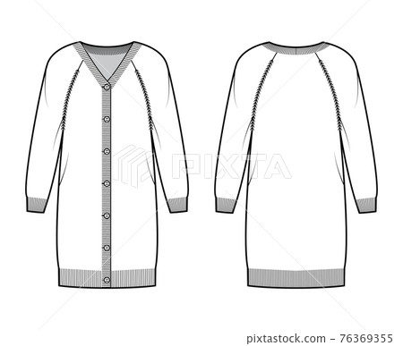 Dress Cardigan Sweater technical fashion illustration with rib V- neck, long raglan sleeves, button closure, relax fit Dress Cardigan Sweater technical fashion illustration with rib V- neck, long raglan sleeves, button closure, relax fit 76369355