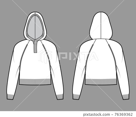 Cropped Hooded Sweater technical fashion illustration with rib henley neck, long raglan sleeves, relax fit, waist length Cropped Hooded Sweater technical fashion illustration with rib henley neck, long raglan sleeves, relax fit, waist length 76369362
