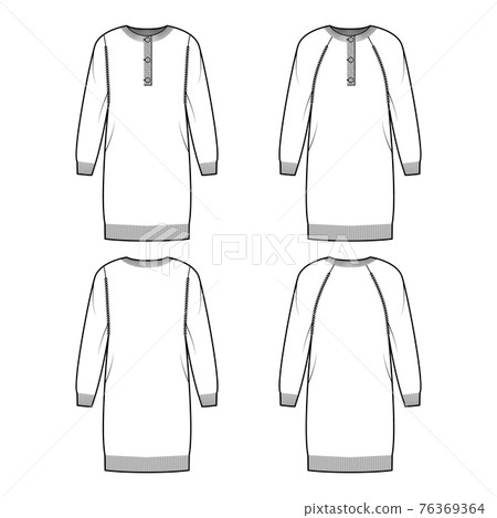 Set of Polo dress Sweaters technical fashion illustration with rib henley neck, classic collar, long raglan sleeves 76369364