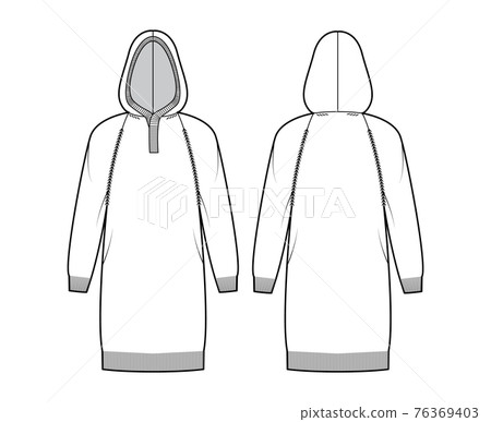 Dress Hooded Sweater technical fashion illustration with rib henley neck, long raglan sleeves, relax fit, knee length 76369403