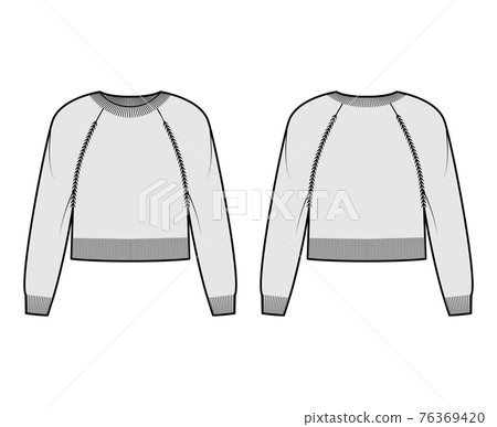 Crew neck Sweater cropped technical fashion illustration with long raglan sleeve, relax fit, waist length, knit rib trim 76369420