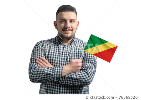 White guy holding a flag of Republic of the Congo smiling confident with crossed arms isolated on a white background White guy holding a flag of Republic of the Congo smiling confident with crossed arms isolated on a white background 76369520