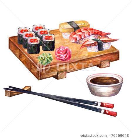 Japanese food rolls and sushi on board and chopsticks watercolor 76369648
