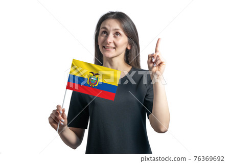 Happy young white woman holding flag of Ecuador and points thumbs up isolated on a white background Happy young white woman holding flag of Ecuador and points thumbs up isolated on a white background 76369692