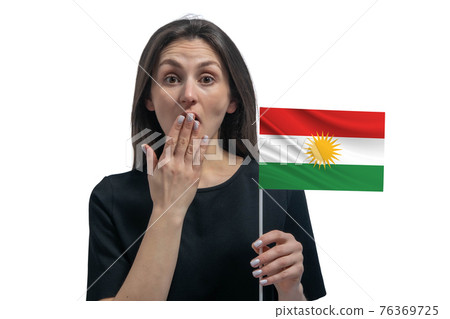 Happy young white woman holding flag of Kurdistan and covers her mouth with her hand isolated on a white background Happy young white woman holding flag of Kurdistan and covers her mouth with her hand isolated on a white background 76369725