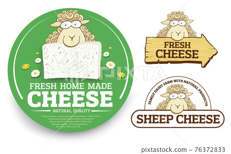 Cartoon happy sheep with cheese label. Vector cheese labels and packaging design elements. Dairy farming illustrations Cartoon happy sheep with cheese label. Vector cheese labels and packaging design elements. Dairy farming illustrations 76372833
