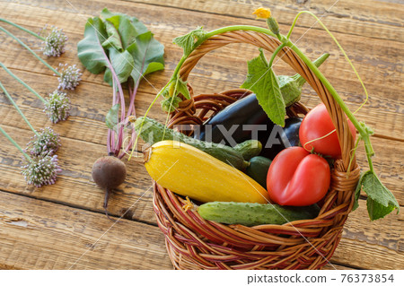 Just picked vegetables on old wooden boards. Just picked vegetables on old wooden boards. 76373854