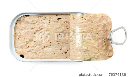 Canned pate in an open jar on a white background, isolated. The view from top Canned pate in an open jar on a white background, isolated. The view from top 76374186