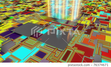 Sensor for digital camera with rays of light, 3D rendering macro on motherboard with two processors 76374671