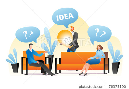 Questions and business idea concept, vector illustration. Man woman people character have communication, worker person hold big lamp 76375100