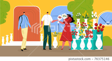 Man buy bouquet at flower shop, vector illustration. Woman florist character hold flat plant for customer, romantic gift business. 76375146