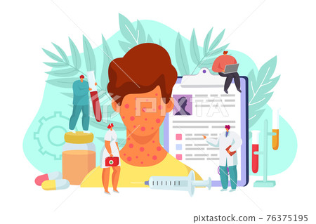 Skin allergy treatment concept, vector illustration. Medical health care about patient face skin, cartoon disease with red rash. 76375195