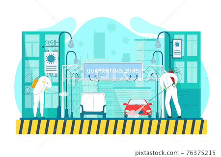 Quarantine zone with infection, stop warning tape, vector illustration. People character in medical protection suit, mask use spray 76375215