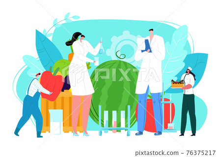 Product certification point, market protection concept, vector illustration. Man woman scientist character check requirement for hazard bacteria. 76375217