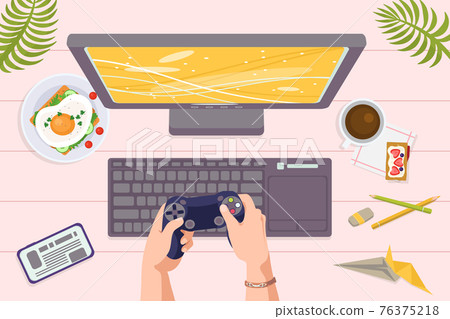 Playing video game at computer, gamer hold console controller, joystick technology, vector illustration. Leisure time for flat video game player 76375218