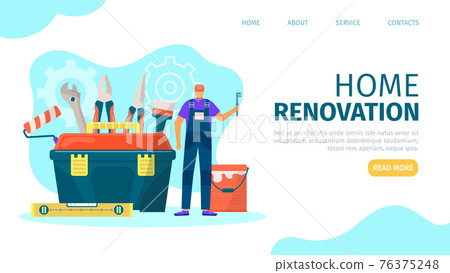 Home renovation, landing banner, vector illustration. Flat professional house repair, man worker character near flat big toolbox web page. Home renovation, landing banner, vector illustration. Flat professional house repair, man worker character near flat big toolbox web page. 76375248