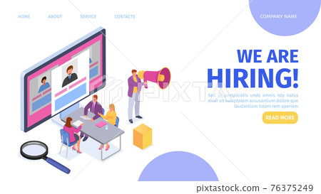 Company hiring employee, isometric landing banner, vector illustration. Business people man woman character look at candidate resume 76375249