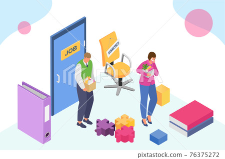 Dismissed worker, isometric vector illustration. Unemployed, fired man character with cartoon box in office, dismissal from business work. 76375272