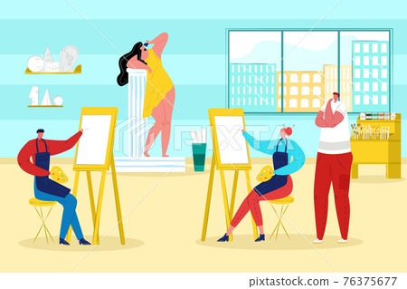Art studio, artists paint on canvas, vector illustration. Creative workshop equipped with malbert, paintings, paints, designer interior. Art studio, artists paint on canvas, vector illustration. Creative workshop equipped with malbert, paintings, paints, designer interior. 76375677