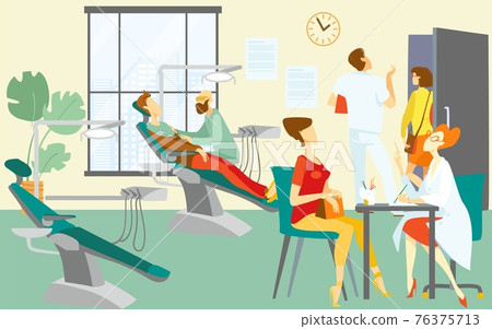 Dentist clinic with doctor, patient, vector illustration. Man woman character at medical visit, dentistry office with cartoon professional chair. 76375713