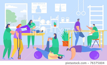 Physiotherapy, medical rehabilitation for patient, vector illustration. Healthcare recovery by physical exercise, therapy in special clinic. 76375804