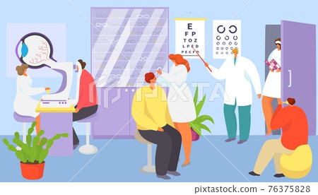 Medical ophthalmology care about patient eyes, vector illustration. Ophthalmologist doctor character test man woman vision in hospital. Medical ophthalmology care about patient eyes, vector illustration. Ophthalmologist doctor character test man woman vision in hospital. 76375828