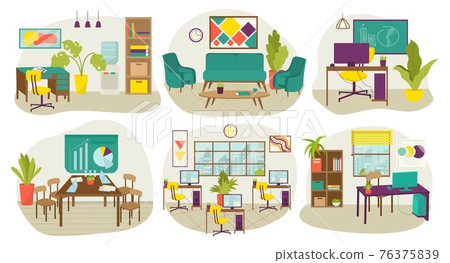 Office room decor design with modern furniture, vector illustration. Flat interior set with chair, table, sofa, lamp in apartment. 76375839