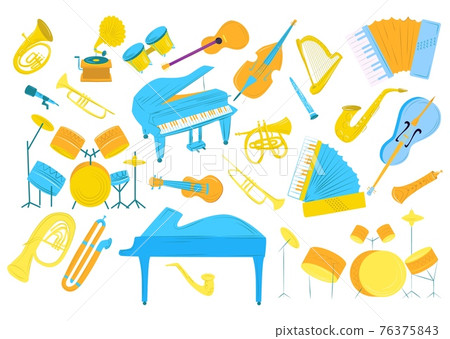 Music sound by drums, guitar, trumpet vector illustration. Musical instrument set, cartoon violin, saxophone, piano collection. Acoustic orchestra 76375843