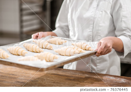Hands with tray of raw croissants prepared for baking Hands with tray of raw croissants prepared for baking 76376445