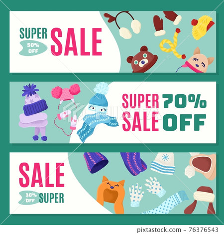 Discount, sale at warm children winter hats, vector illustration. Baby clothes, cute accessories for cold season. Woolen scarves beautiful design 76376543