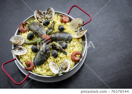 mixed seafood and rice paella famous traditional portuguese spanish meal 76376544