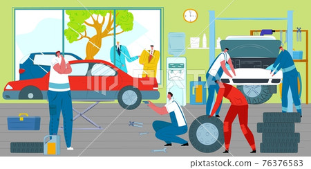 Workers in workshop repair vehicles, car service, vector illustration. Mechanic change wheel, checks engine, transmission. 76376583