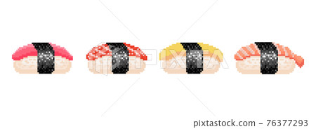 Pixel sushi set. Pixel art classic japanese food sushi set. Pixel art set of tuna, salmon, shrimp and egg (tamago) sushi. Best for web and print design. Pixel sushi set. Pixel art classic japanese food sushi set. Pixel art set of tuna, salmon, shrimp and egg (tamago) sushi. Best for web and print design. 76377293