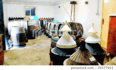 A cellar for the processing of wine with demijohns, barrels and funnels . Digital color painting. A cellar for the processing of wine with demijohns, barrels and funnels . Digital color painting. 76377933