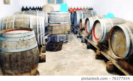 Barrels and bottles in a cellar for the processing of wine. Digital color painting. Barrels and bottles in a cellar for the processing of wine. Digital color painting. 76377934