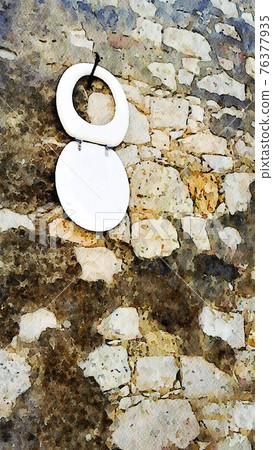 The white lid of a toilet hanging on a wall on the street in a small town. Digital color painting. The white lid of a toilet hanging on a wall on the street in a small town. Digital color painting. 76377935