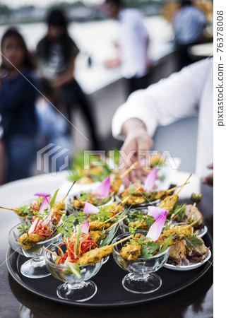 asian chicken satay gourmet snack food in modern outdoor bar asian chicken satay gourmet snack food in modern outdoor bar 76378008
