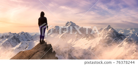 Fantasy Adventure Composite with a Girl on top of a Mountain Fantasy Adventure Composite with a Girl on top of a Mountain 76378244