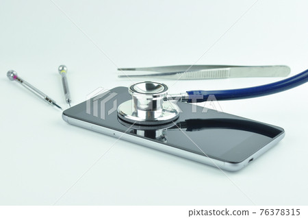 Smartphone and stethoscope. Smartphone and stethoscope. 76378315