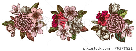 Flower bouquet of colored hibiscus, plum flowers, peach flowers, sakura flowers, magnolia flowers Flower bouquet of colored hibiscus, plum flowers, peach flowers, sakura flowers, magnolia flowers 76378821