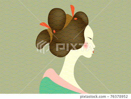 Vintage portrait of the young Japanese woman an ancient hairstyle. Geisha, maiko, princess. Traditional Asian Girl style. Print, poster, t-shirt, card. Vector old Japanese pattern green background Vintage portrait of the young Japanese woman an ancient hairstyle. Geisha, maiko, princess. Traditional Asian Girl style. Print, poster, t-shirt, card. Vector old Japanese pattern green background 76378952